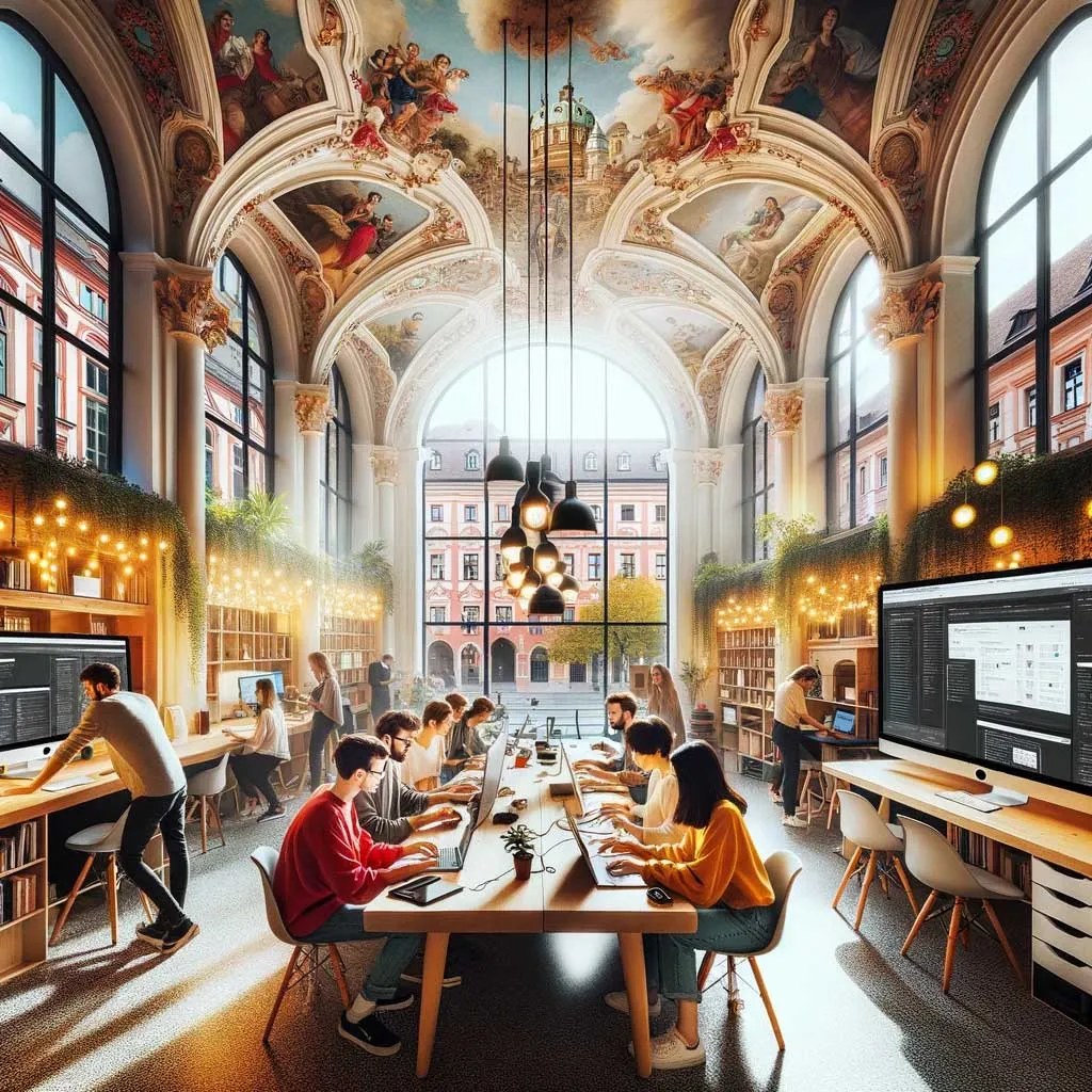 Illustration eines Coworking-Space in einem Augsburger Prunksaal