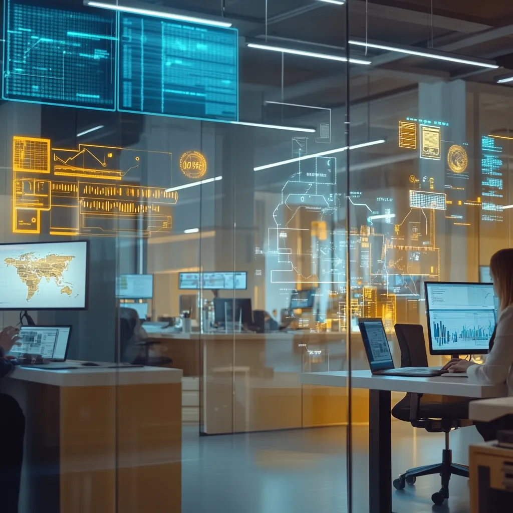 Modernes Büro mit Datenvisualisierungen auf Glaswänden