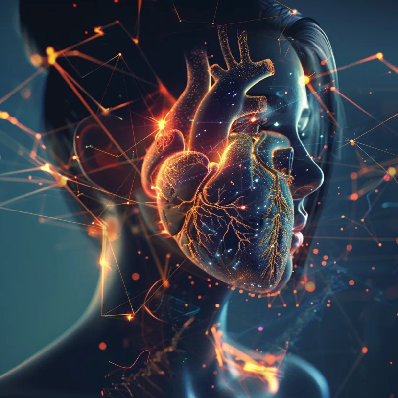 Leuchtendes Herz im Profil eines Kopfes — Emotion und Verstand