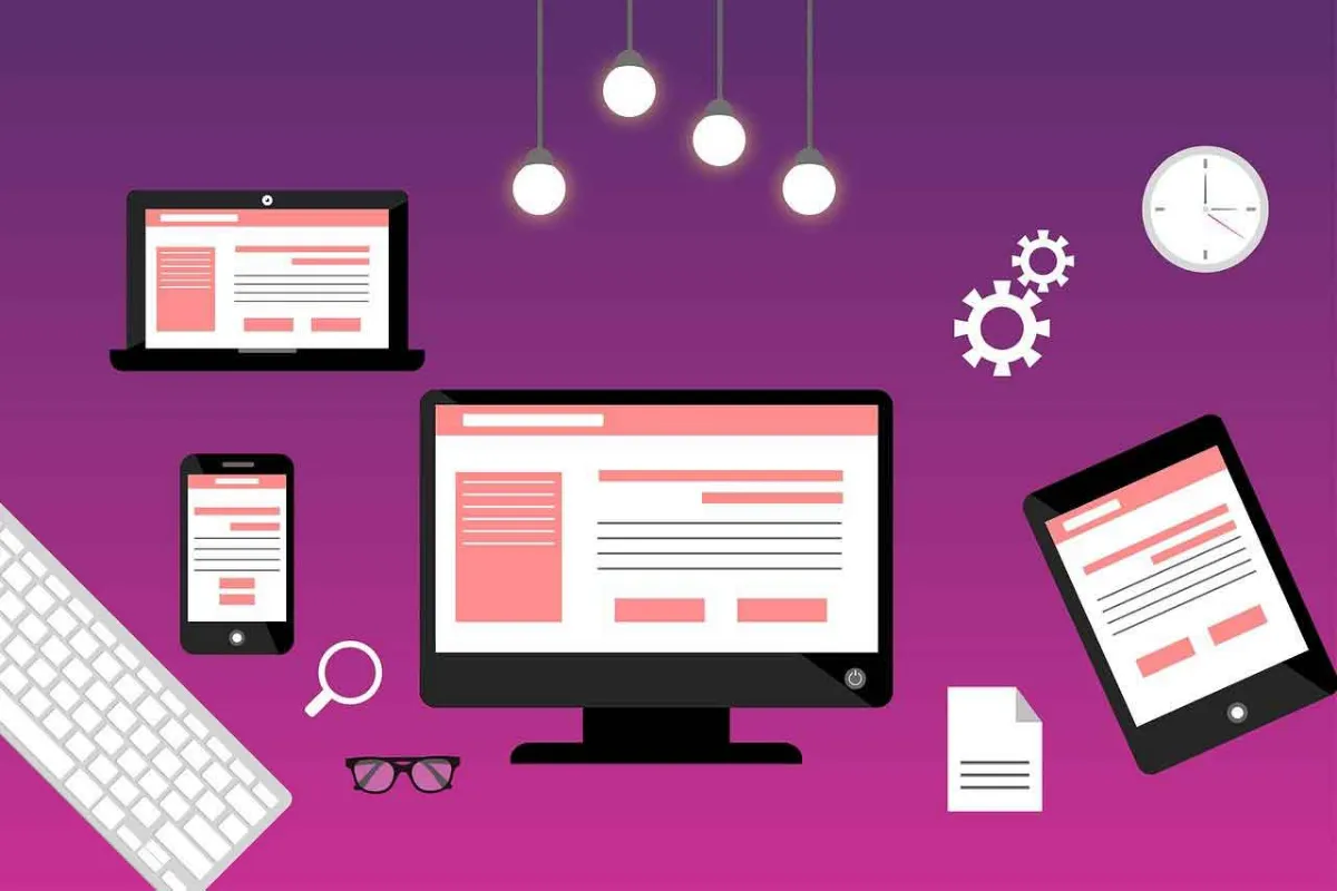 Illustration: eine Webseite auf Laptop, Monitor, Tablet und Smartphone