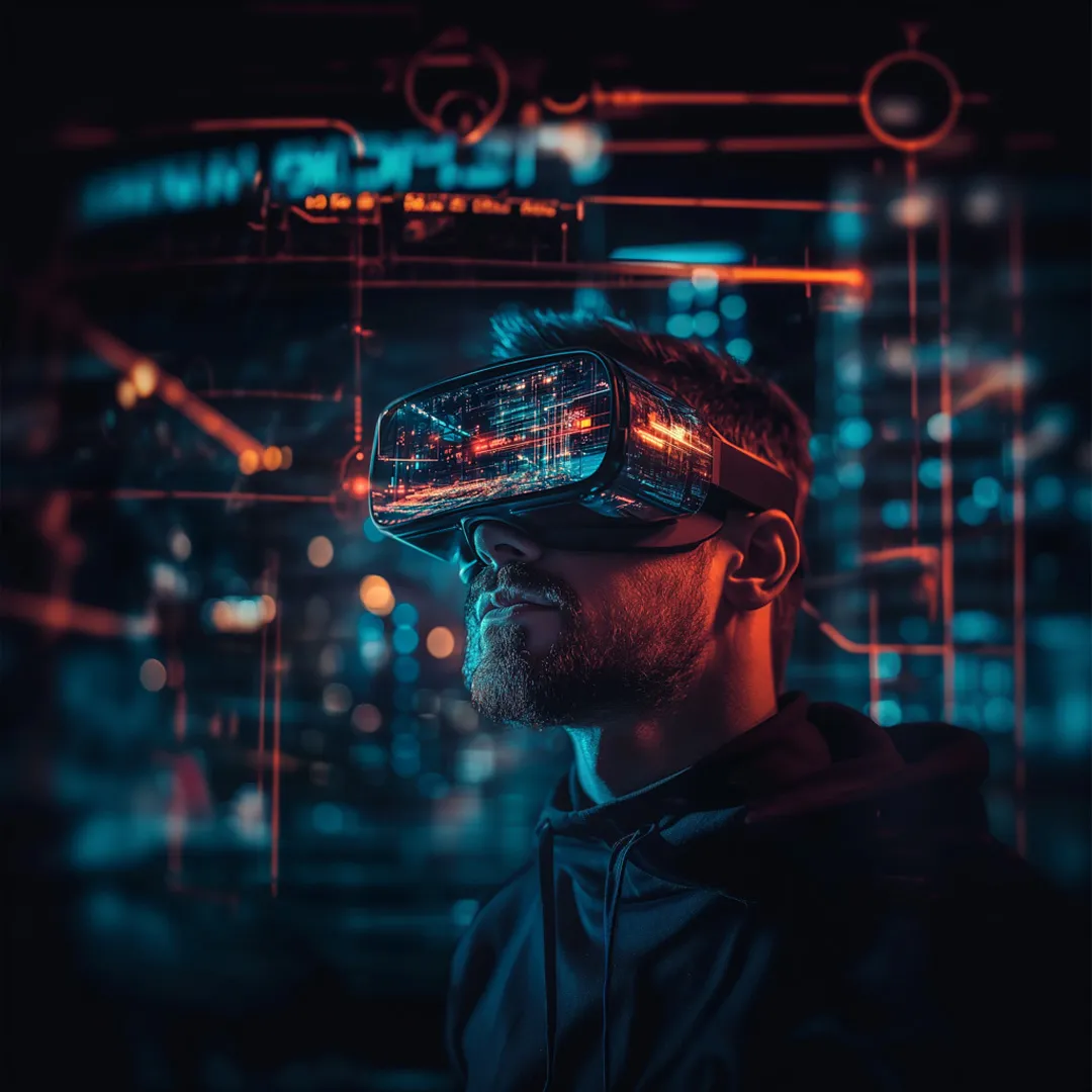 Mann mit VR-Brille vor leuchtender Stadtkulisse