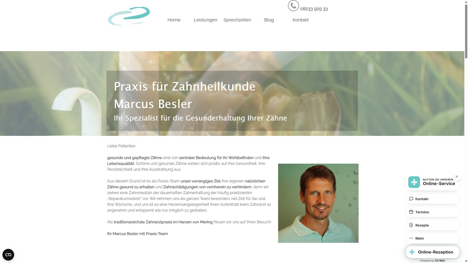 Bisherige Website der Praxis Besler: Begrüßungstext mit Hintergrundbild, Standardmenü und eingeblendetem Online-Service