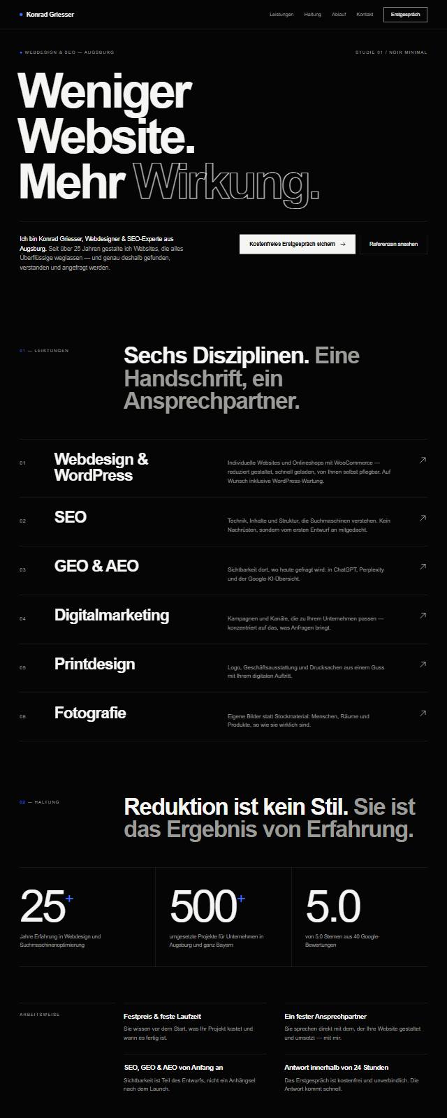 Design-Studie „Noir Minimal“ — Website-Beispiel von Konrad Griesser